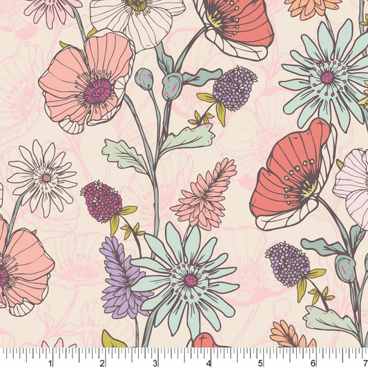 Pattern of colorful flowers on a pink background.