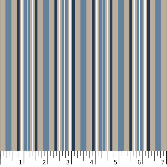 Striped fabric swatch with measurements and design details on a white background