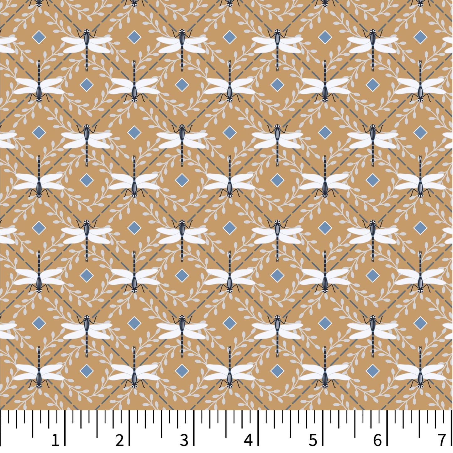 Fabric swatch with dragonfly pattern on a brown background, accompanied by measurements and design details.
