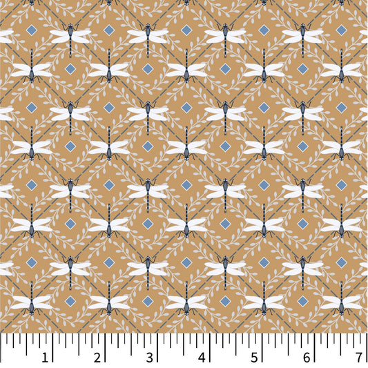 Fabric swatch with dragonfly pattern on a brown background, accompanied by measurements and design details.
