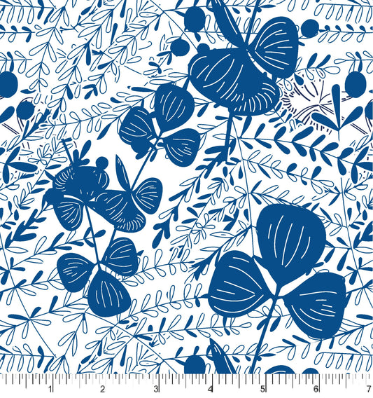 Blue butterfly and leaf pattern on a white background.