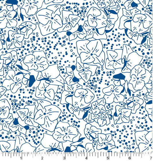 Blue floral pattern on white fabric.