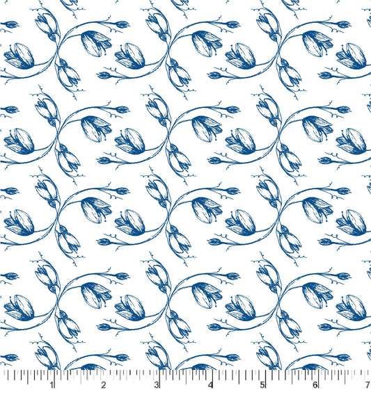 Blue floral pattern on white fabric.
