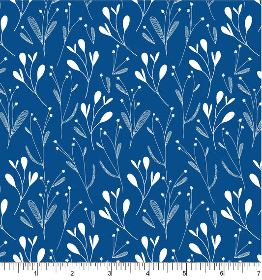 Blue fabric with white floral pattern.