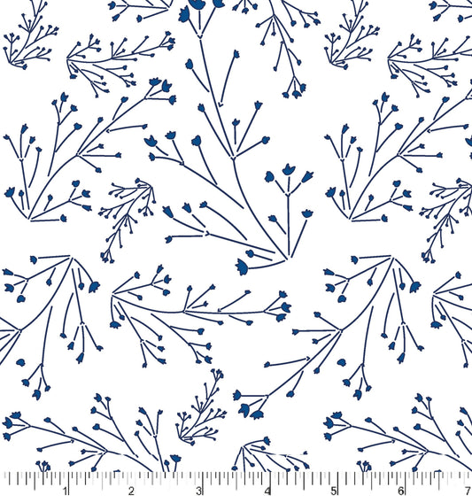 Blue floral branches on a white background.