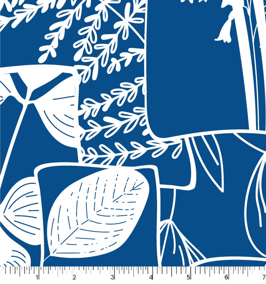 Blue fabric with white leaf patterns.