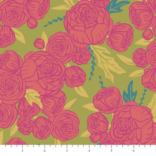 Floral pattern with pink flowers on a green background.