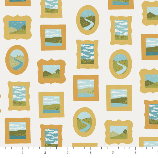 Pattern of framed landscapes on a white background