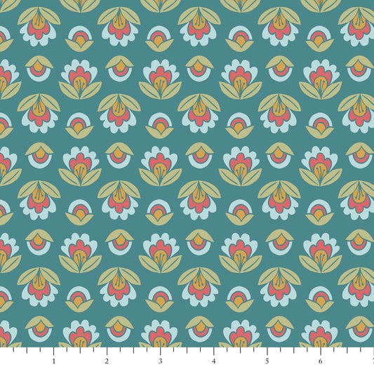 Patterned fabric with floral design on a teal background