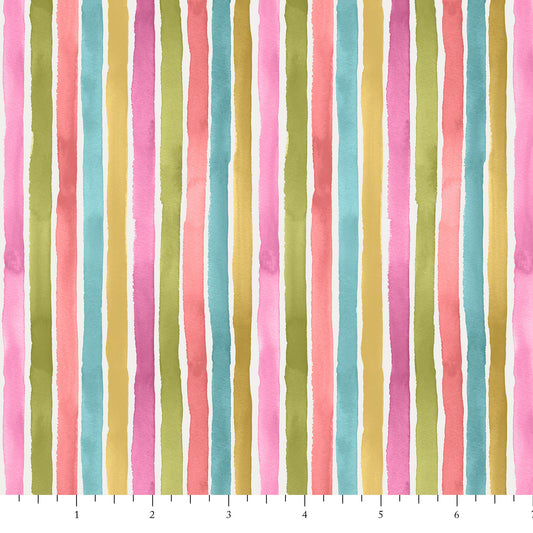 Striped fabric with pink, green, blue, and yellow vertical stripes on a white background.