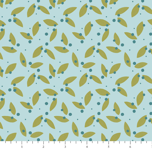 Pattern of green leaves and blue dots on a light blue background