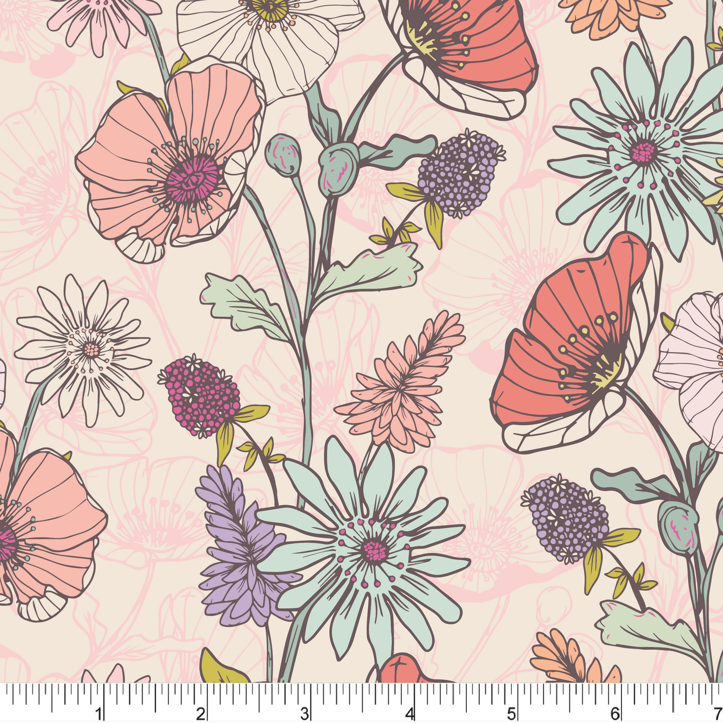 Pattern of colorful flowers on a pink background.