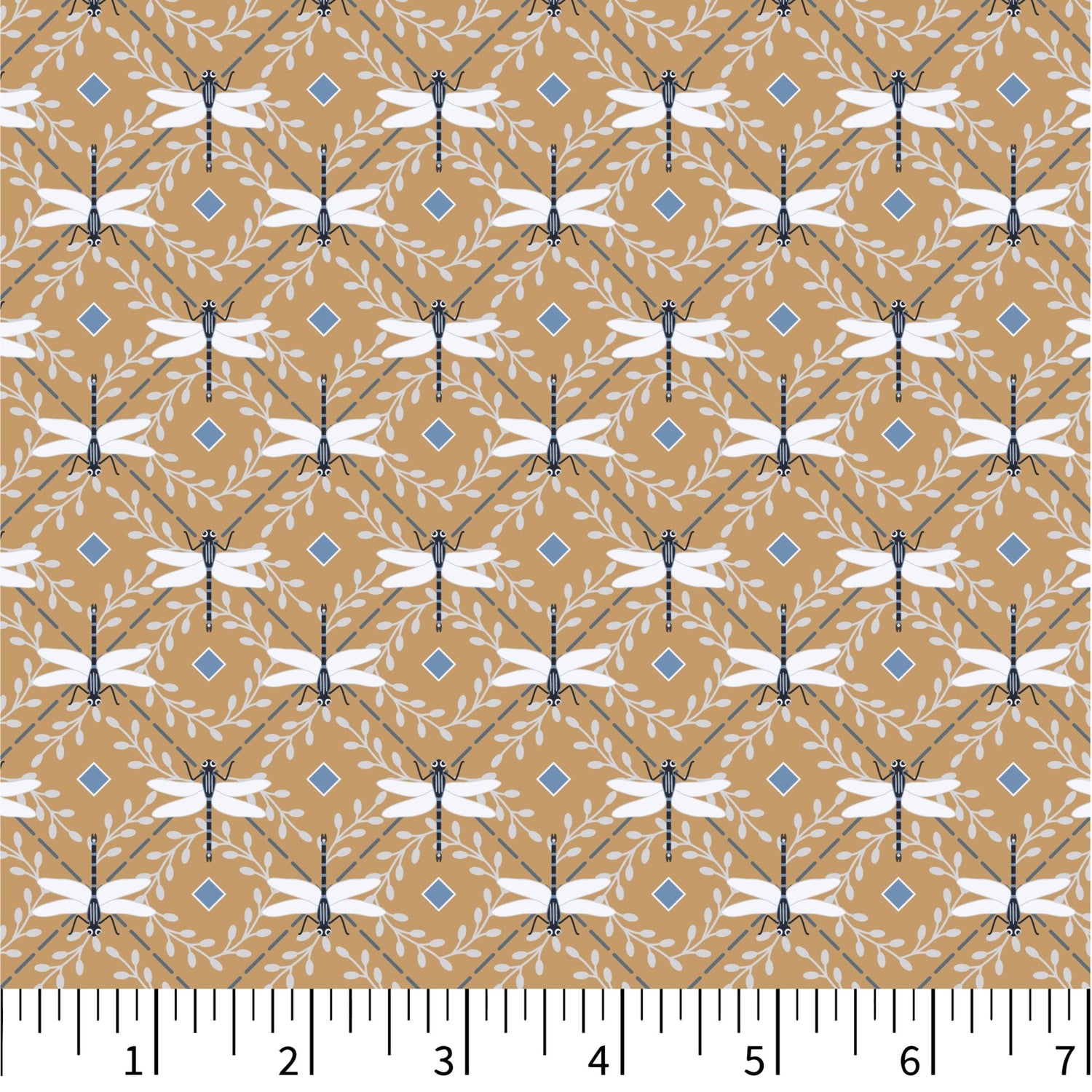 Fabric swatch with dragonfly pattern on a brown background, accompanied by measurements and design details.