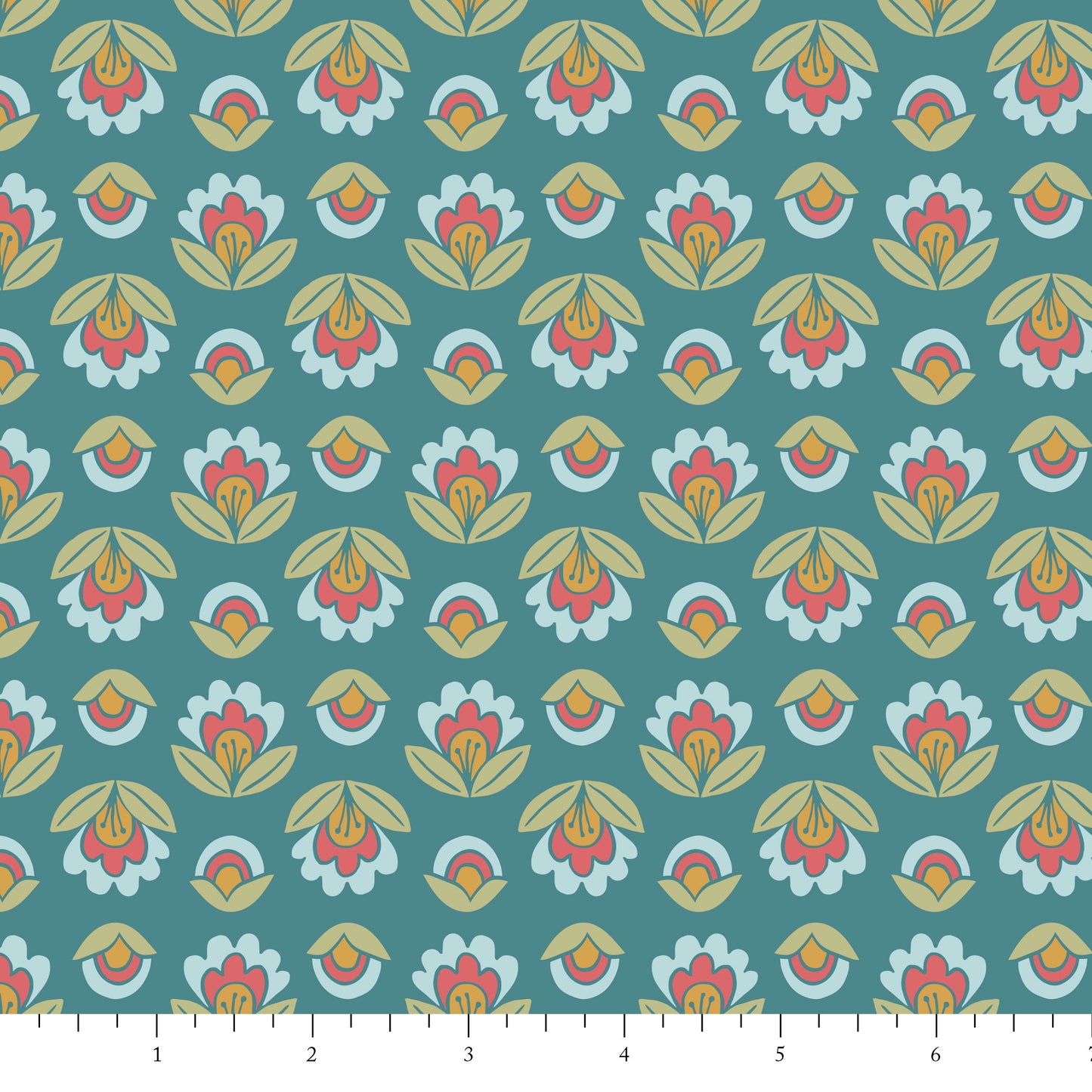 Patterned fabric with floral design on a teal background