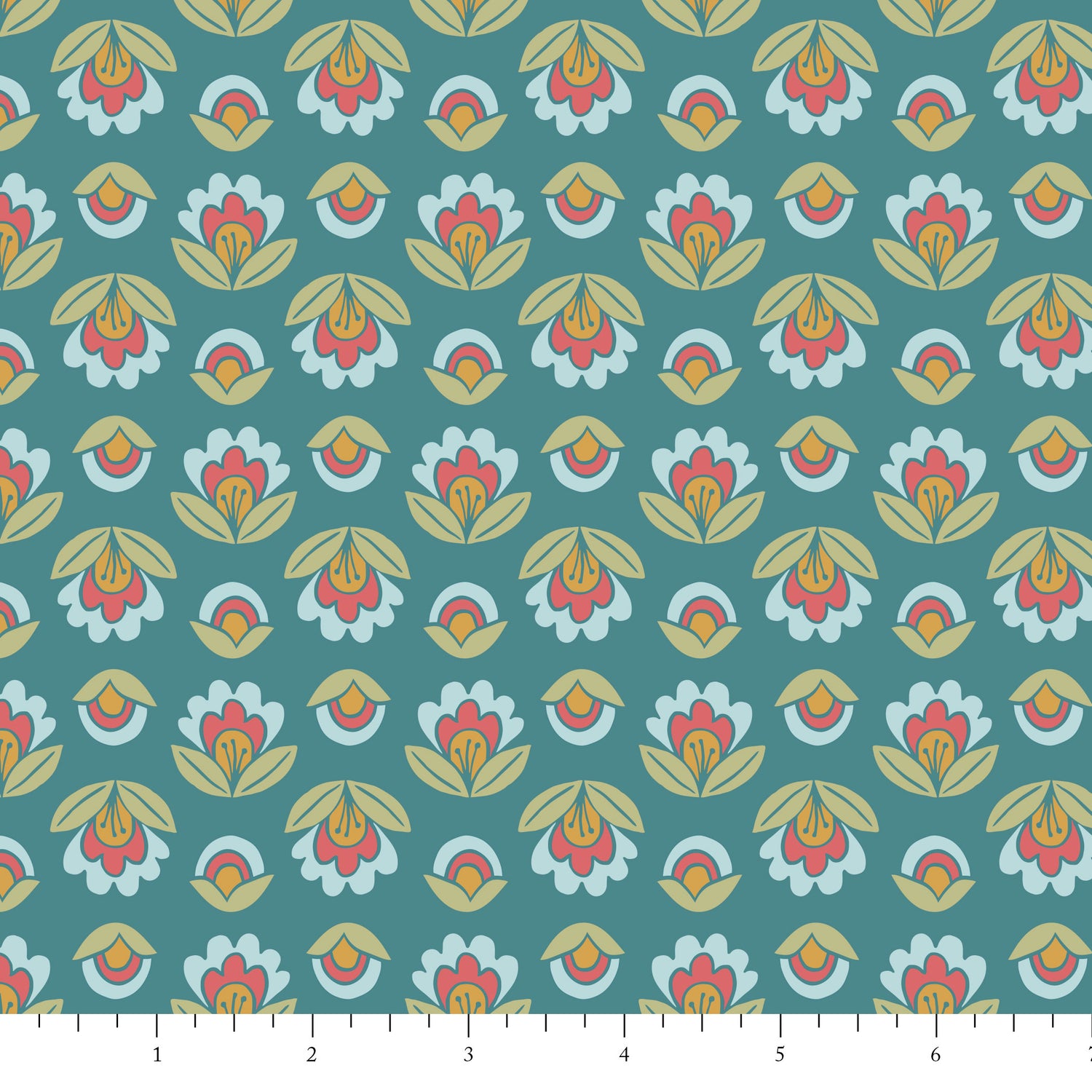 Patterned fabric with floral design on a teal background
