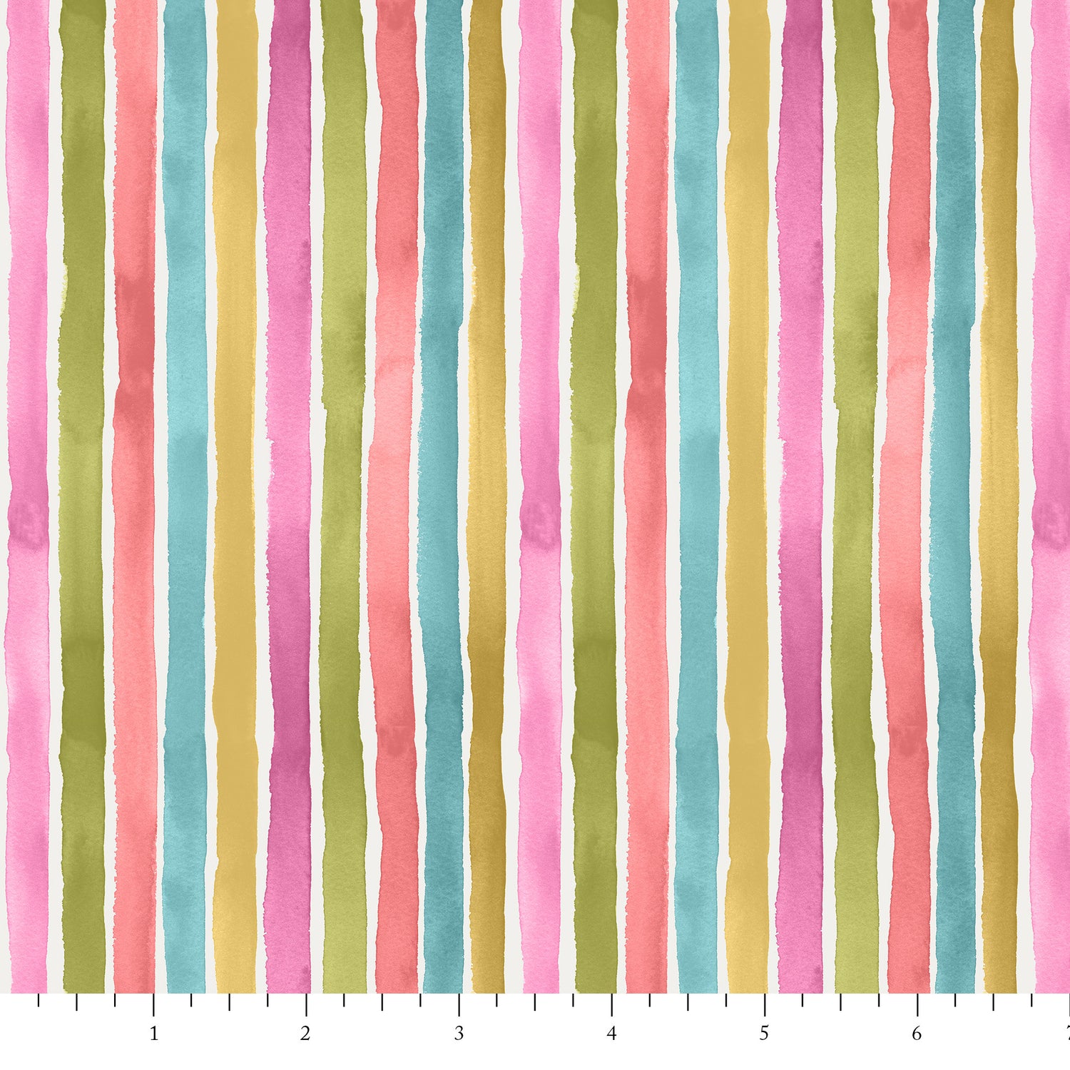 Striped fabric with pink, green, blue, and yellow vertical stripes on a white background.