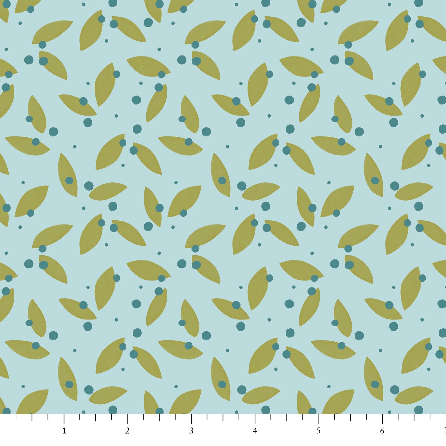 Pattern of green leaves and blue dots on a light blue background
