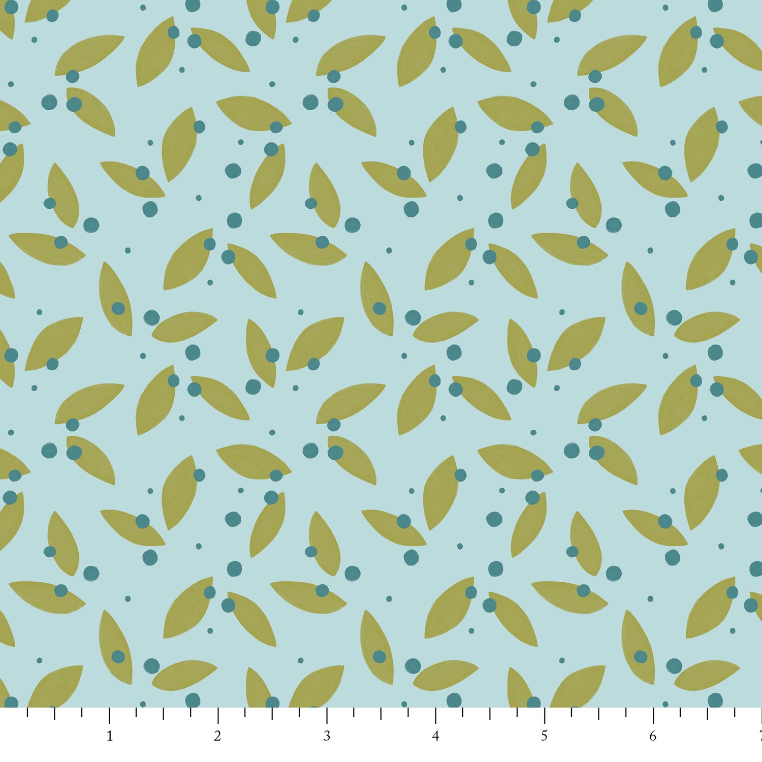 Pattern of green leaves and blue dots on a light blue background