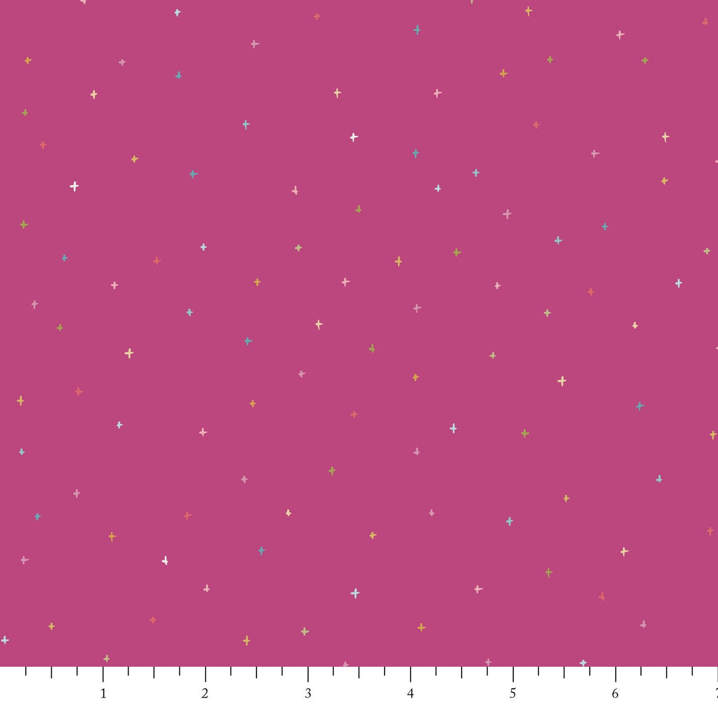 Pink fabric with small colorful star patterns on a pink background